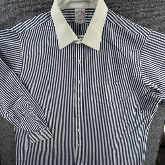Brooks Brothers Striped Non-Iron Point Cotton Traditional 17.5 36 Blue Men Shirt - Picture 1 of 16